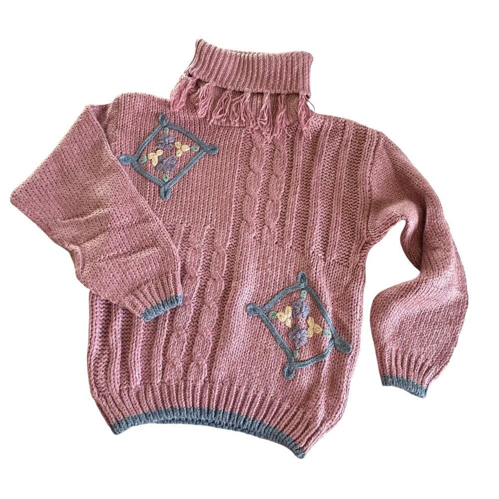 Vintage Colter Bay Pink Hand Loom Knit Sweater Turtleneck Fringe Women’s Small